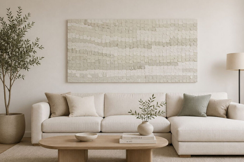 Cuadro Materia Serena de Adriana Fernández, 140 × 70 cm, tonos neutros y texturas orgánicas